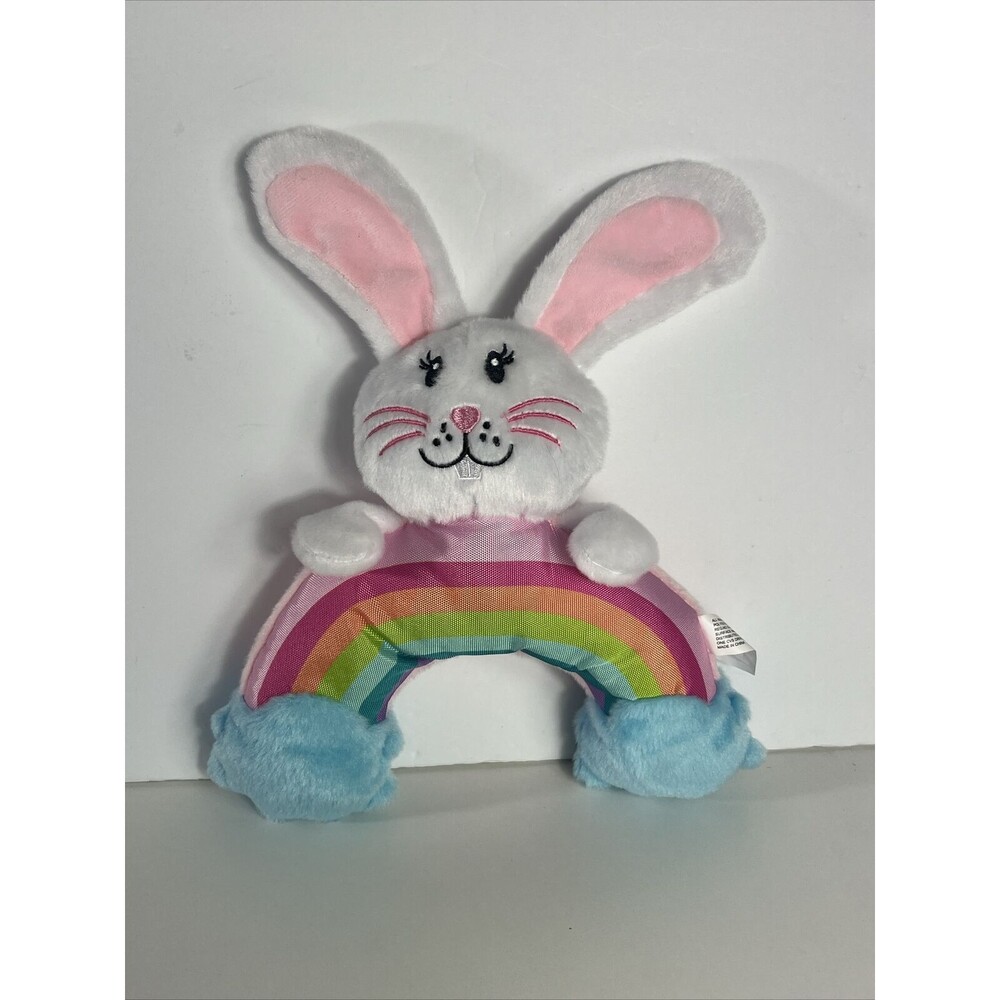 PET CENTRAL RAINBOW RABBIT Plush & Canvas 12" Squeaky Crinkle Dog Puppy